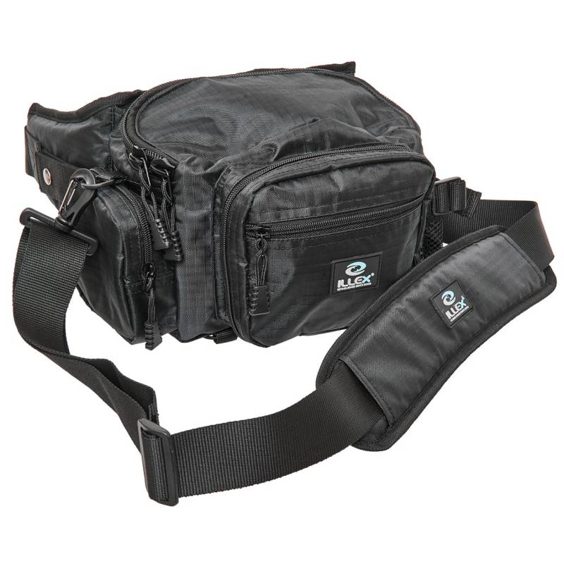 Illex Hip Bag Black, sacoche de pêche itinérante de 33 × 20 × 20 cm avec porte-canne et porte-bouteille isotherme.