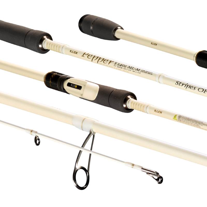 Canne spinning Illex Pepper X5 S 2402 ML-M Stripes Ops 2,40 m, puissance 3–15 g, action Fast et encombrement 123 cm.