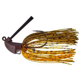 Gunki Tiny HoverJig 10 g Orange Devil, mini rubber jig carnassier avec jupe en silicone, hameçon 3/0 et brosse antiaccrochage.