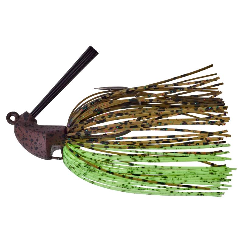 Gunki Tiny HoverJig 10 g Brown Chart, mini rubber jig carnassier avec jupe en silicone, hameçon 3/0 et brosse antiaccrochage.